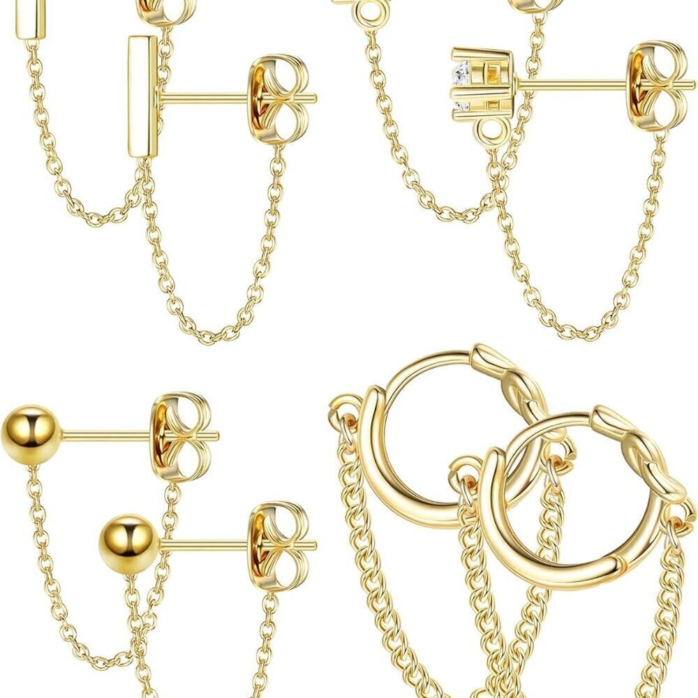 Women’s Gold Silver Rose Gold CZ Ball Hoop Earring Set Dangle Chain Studs